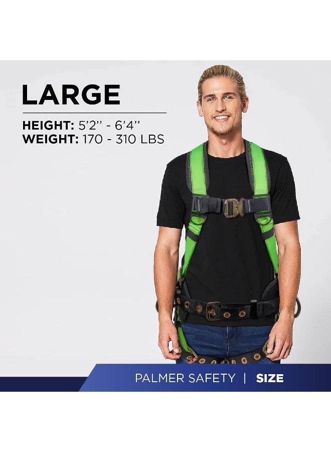Palmer Safety 5-Point Full Body Harness with Padded Back Support, Quick-Connect Buckles & Grommet Leg Straps - OSHA & ANSI Compliant Industrial Roofing Gear - Hi-Vis Green - Image 2